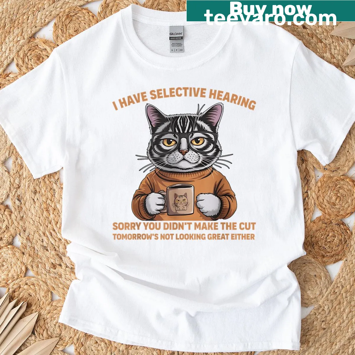 Funny cat t-shirt with humorous selective hearing quote — on a men's t-shirt