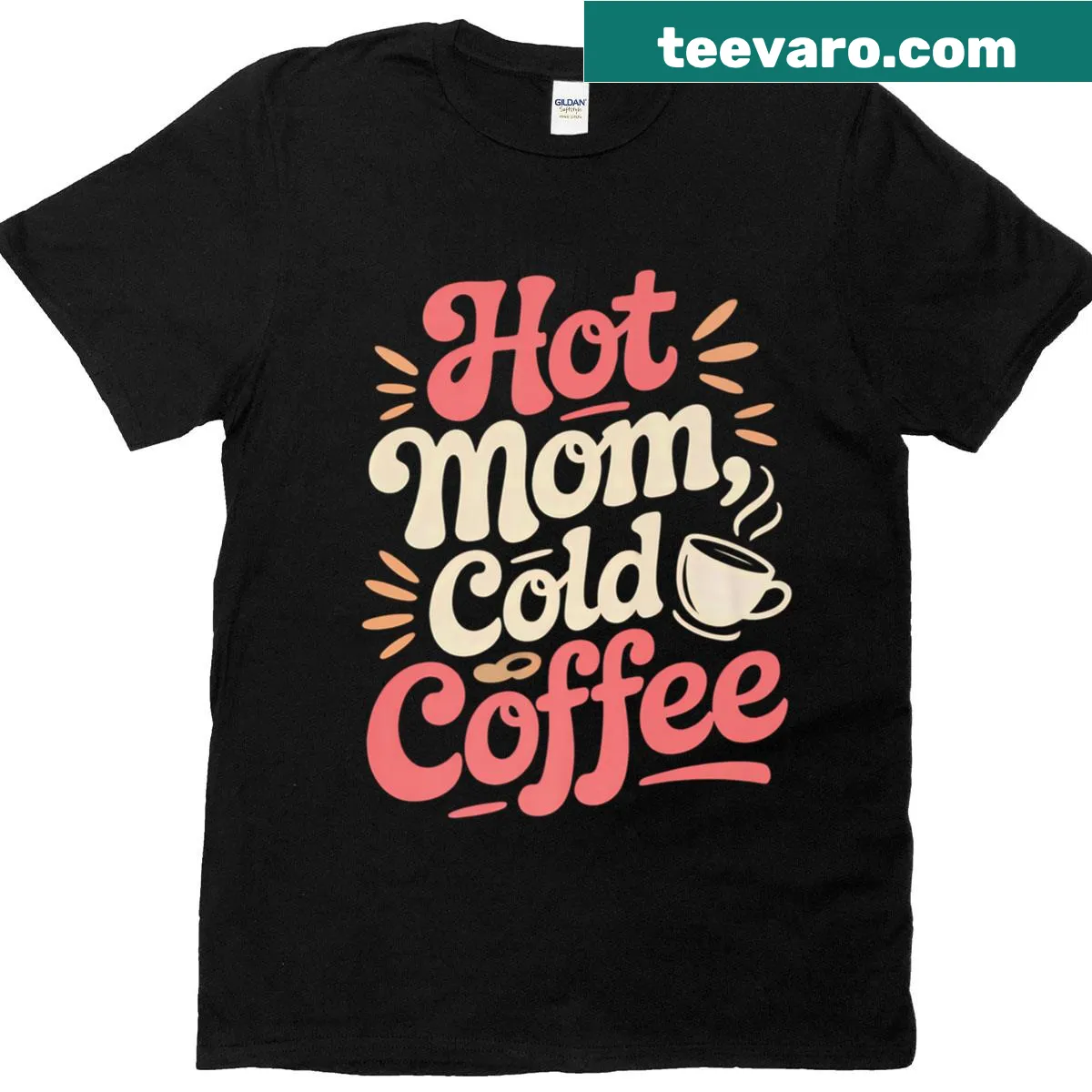 Funny mom shirt with text 'Hot Mom Cold Coffee' — on a men's t-shirt