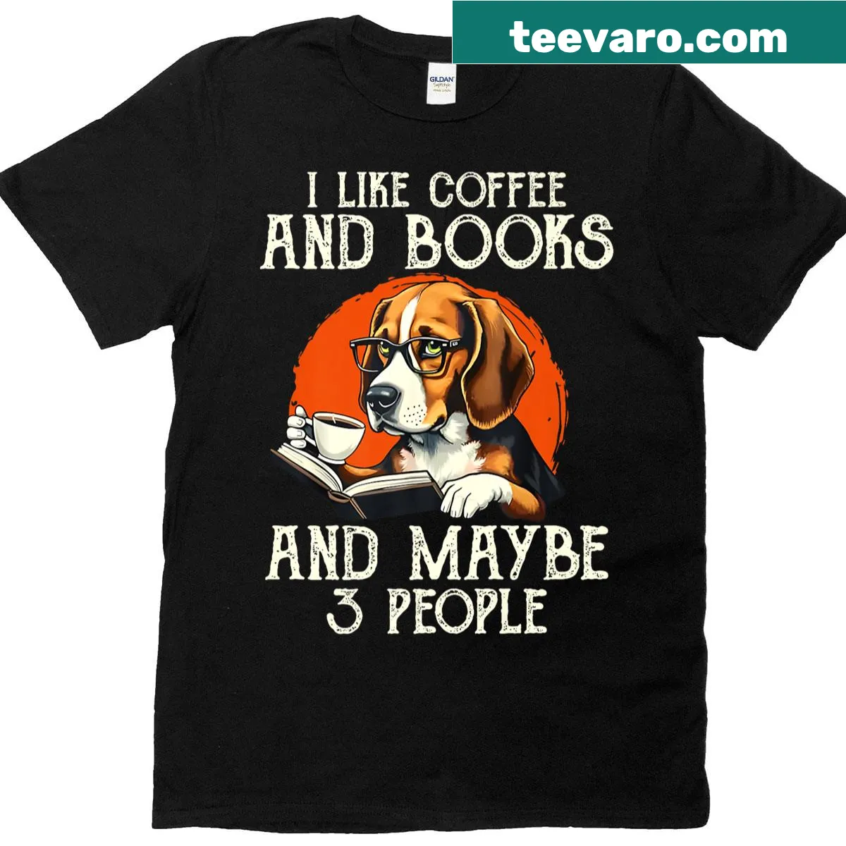 Typography T-shirt expressing love for coffee, books, and dogs — on a men's t-shirt