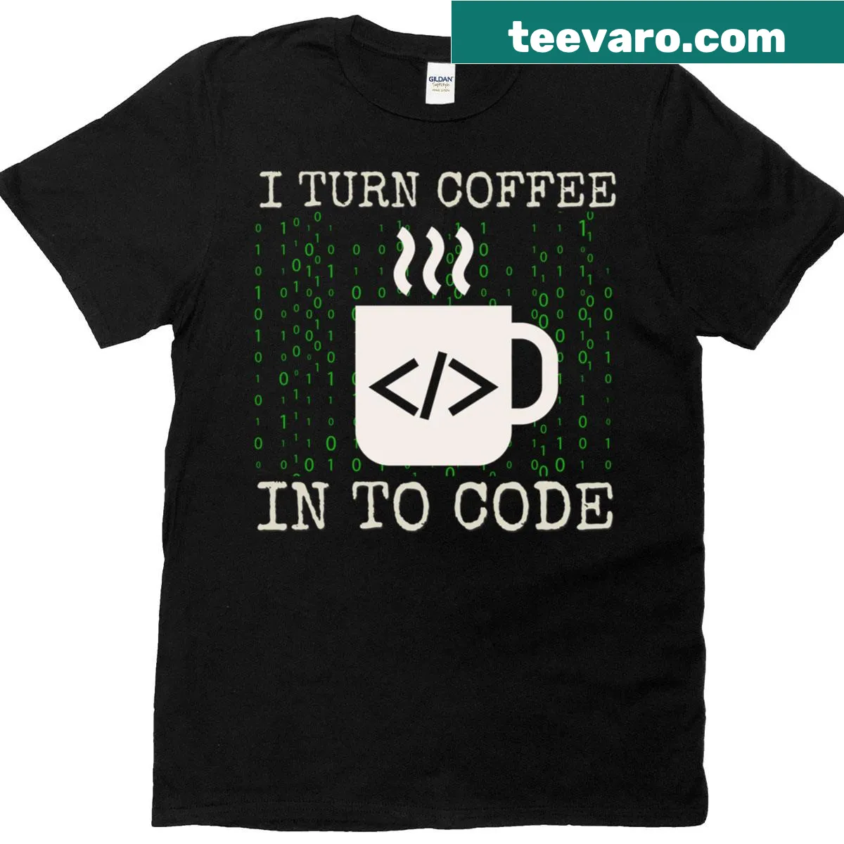 Funny programmer shirt with text 'I Turn Coffee Into Code' — on a men's t-shirt