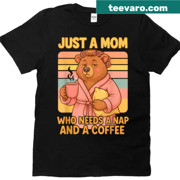 Humorous pastel t-shirt with text about coffee and naps for moms