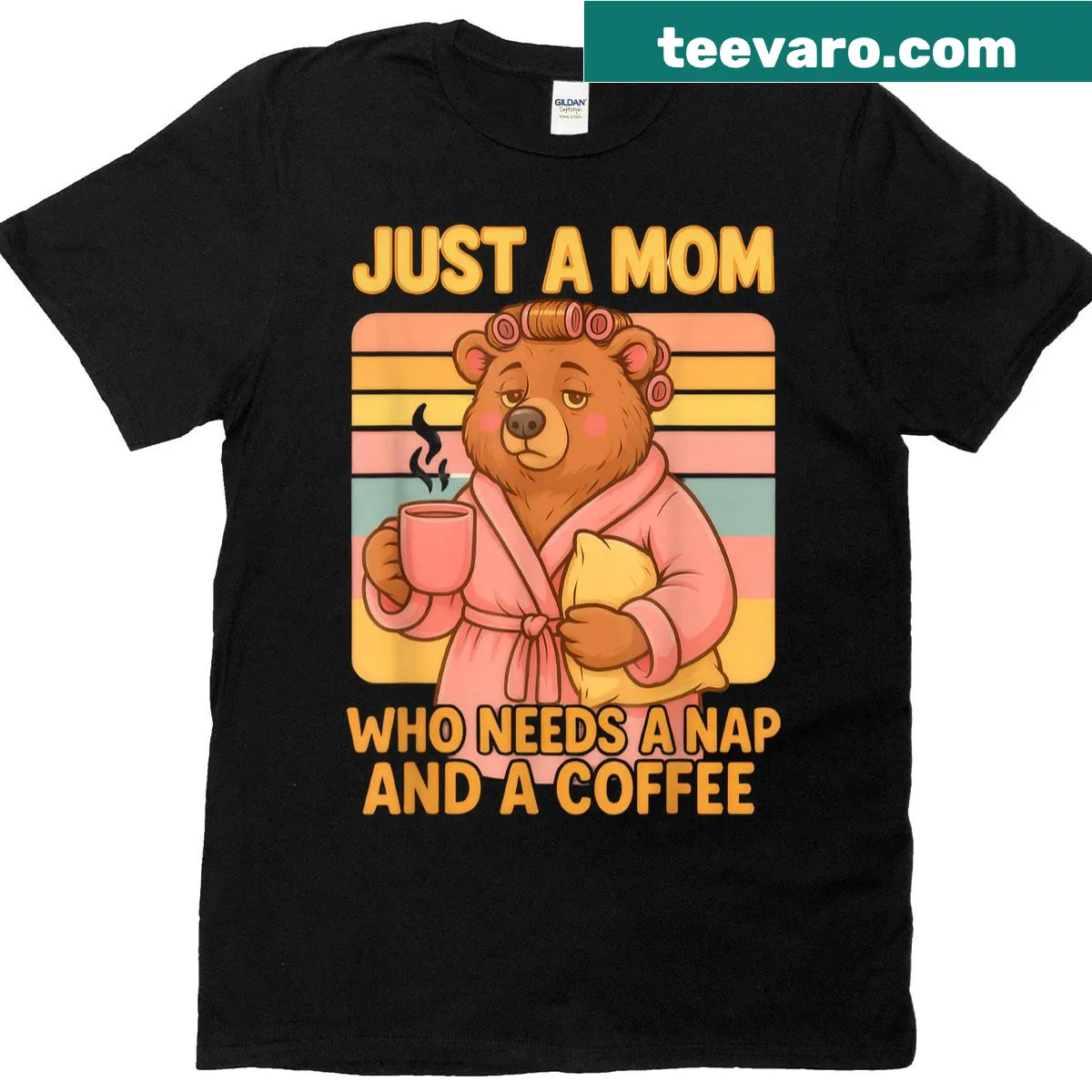 Humorous pastel t-shirt with text about coffee and naps for moms — on a men's t-shirt