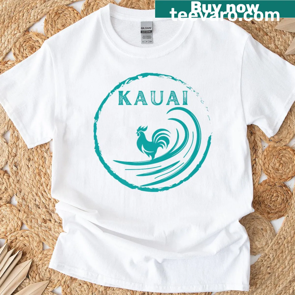 Illustration of a rooster surfing on a wave from Kauai — on a men's t-shirt
