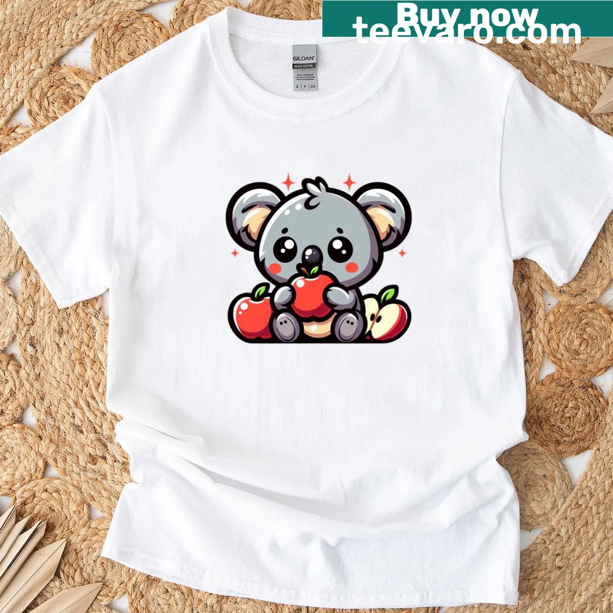 Adorable koala enjoying an apple on a T-shirt — on a men's t-shirt