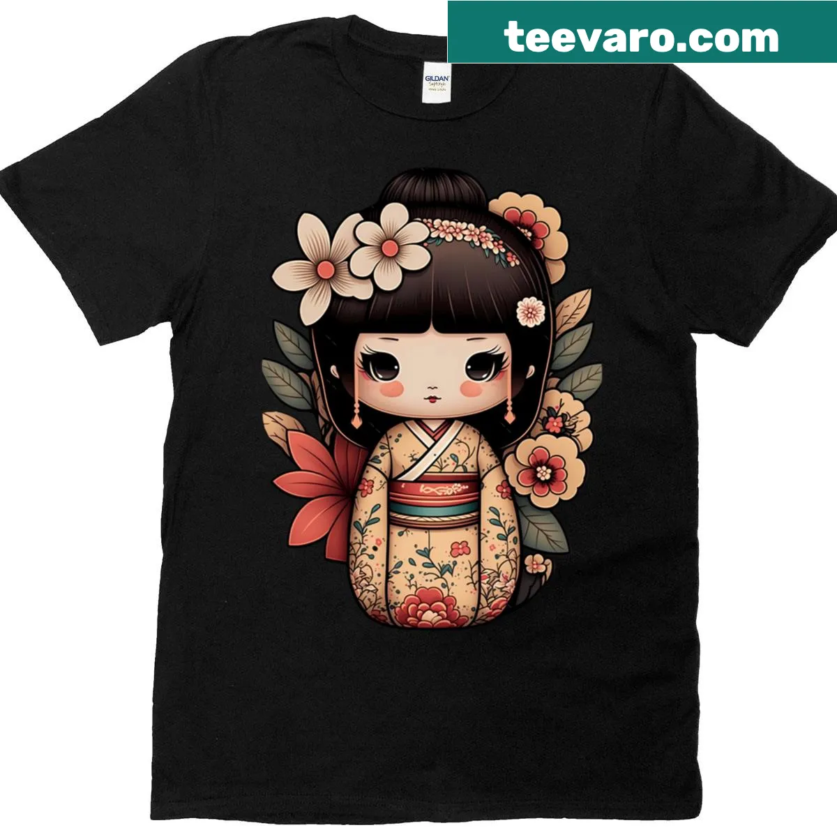 T-shirt featuring a Kokeshi doll illustration — on a men's t-shirt
