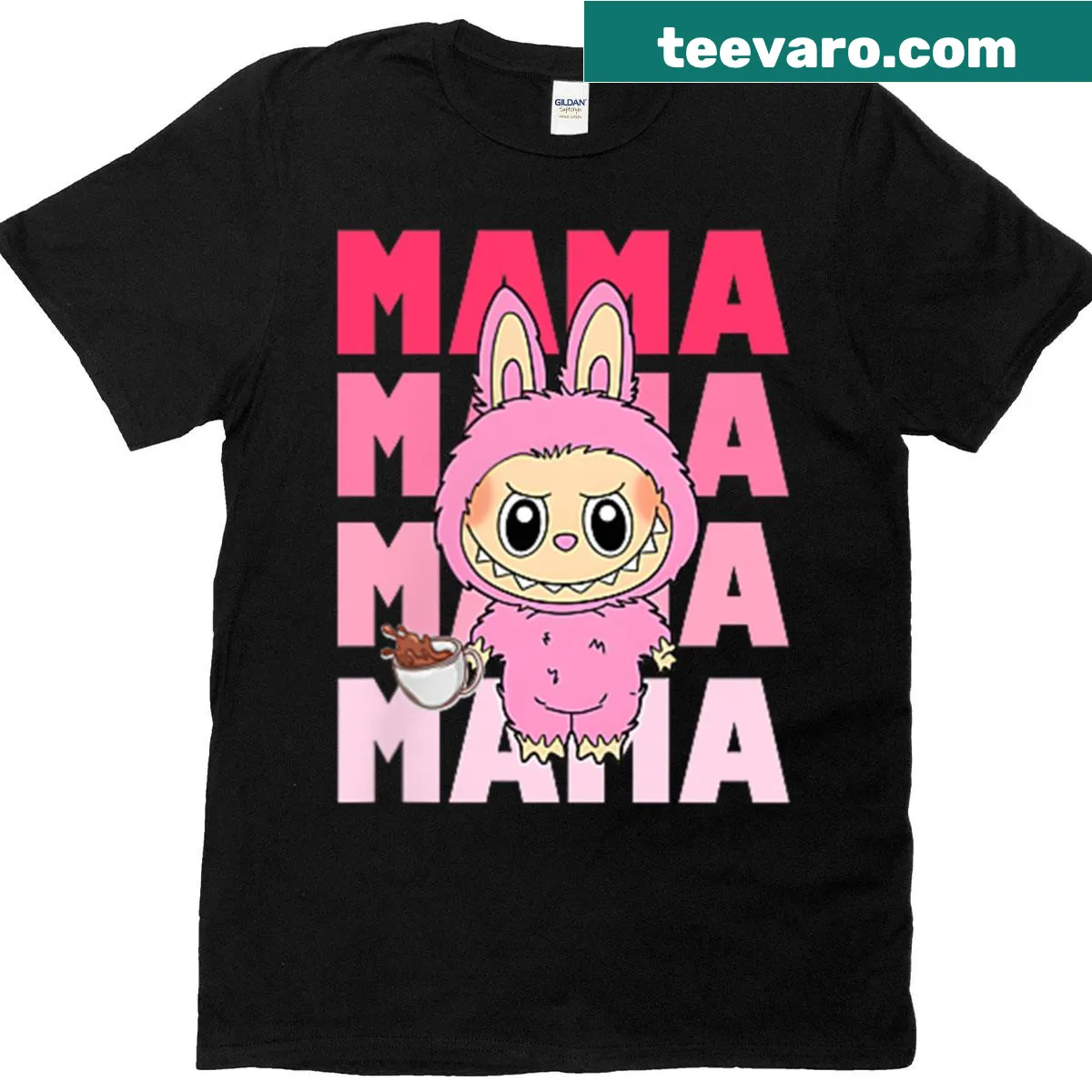Mom shirt with coffee and Labubu design — on a men's t-shirt