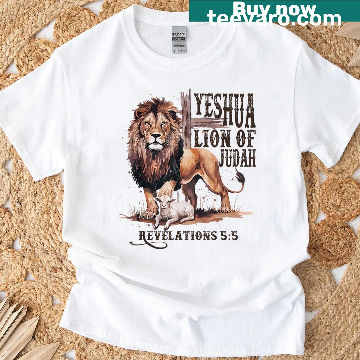 Lion of Judah graphic with Yeshua and Jesus text — on a men's t-shirt