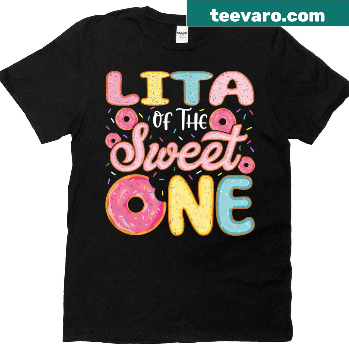 Family T-shirt with donut design for 1st birthday — on a men's t-shirt