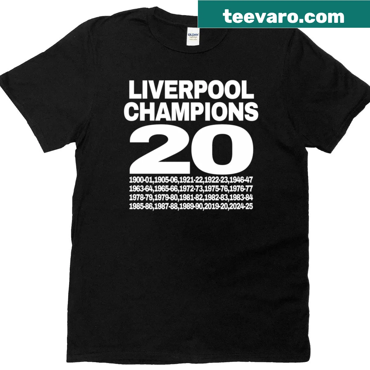 Liverpool Champions t-shirt with bold typography celebrating the football club. — on a men's t-shirt