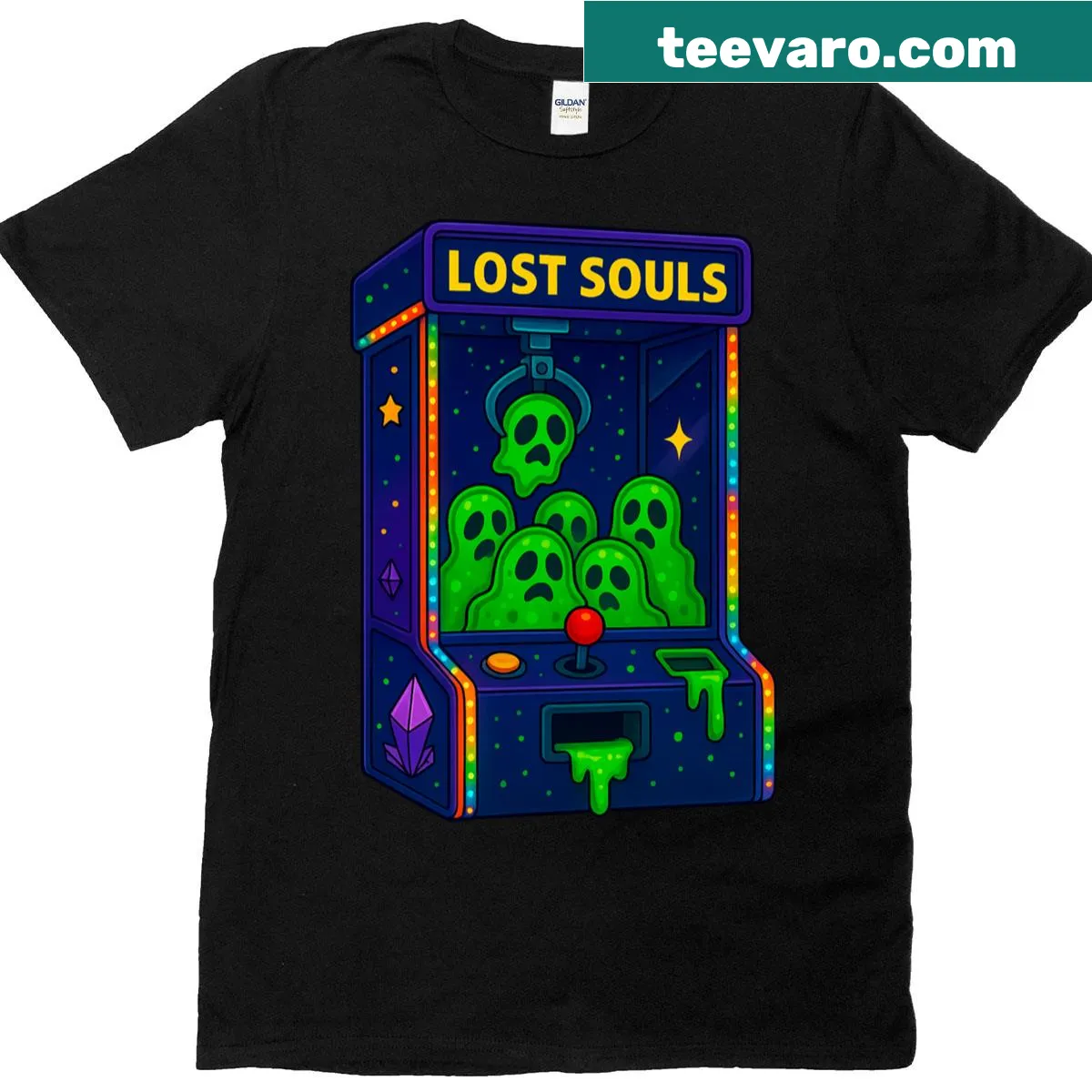 Oversized T-shirt with haunted claw machine and neon lights graphic — on a men's t-shirt