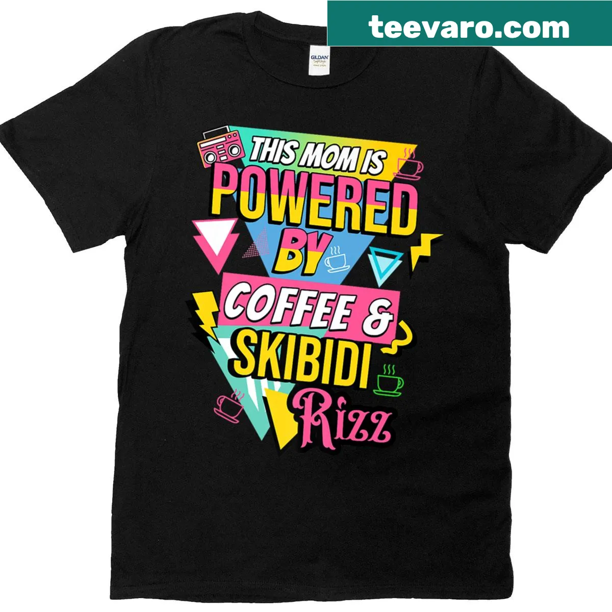 T-shirt featuring humorous text about coffee and motherhood — on a men's t-shirt