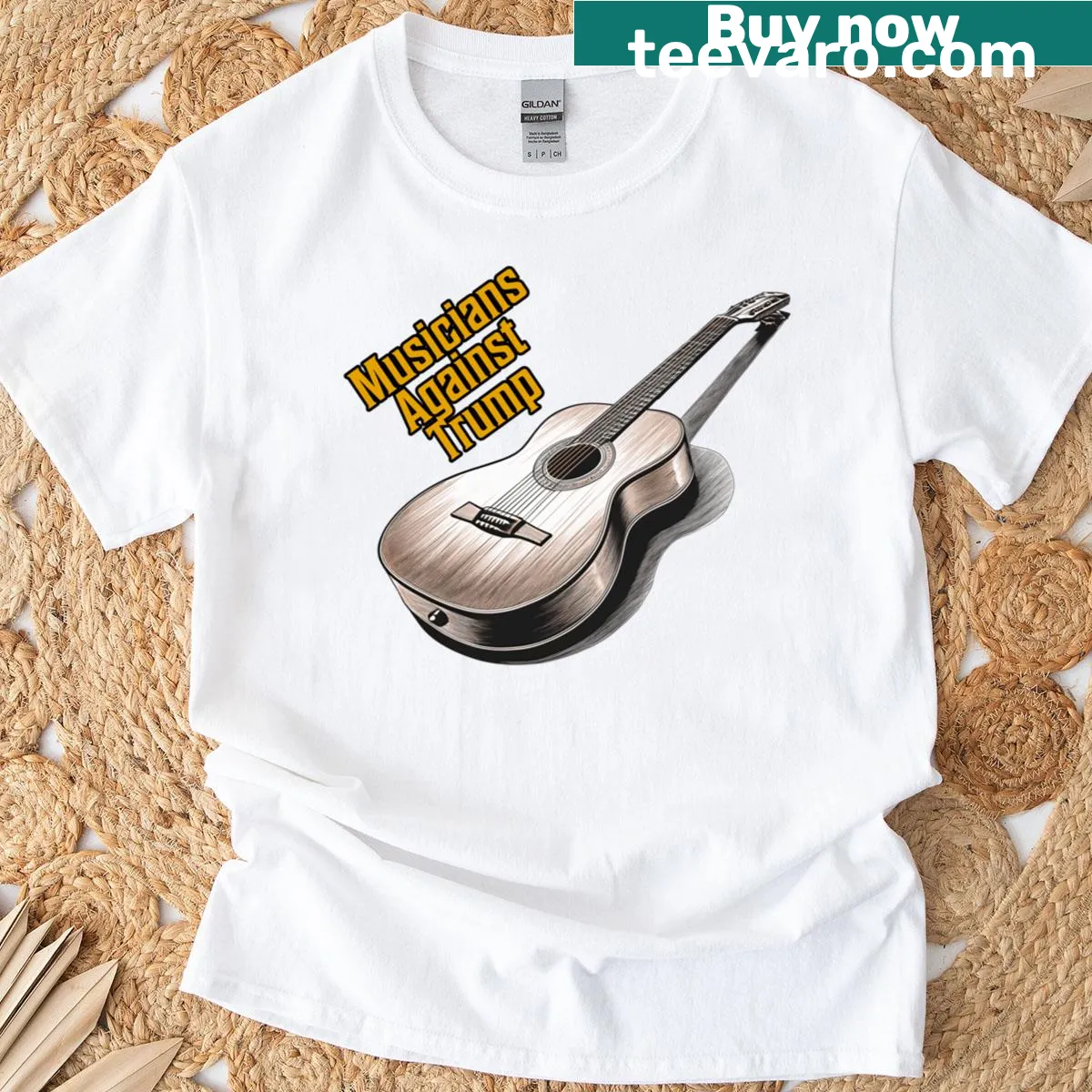 Graphic tee showing musicians protesting against Trump — on a men's t-shirt