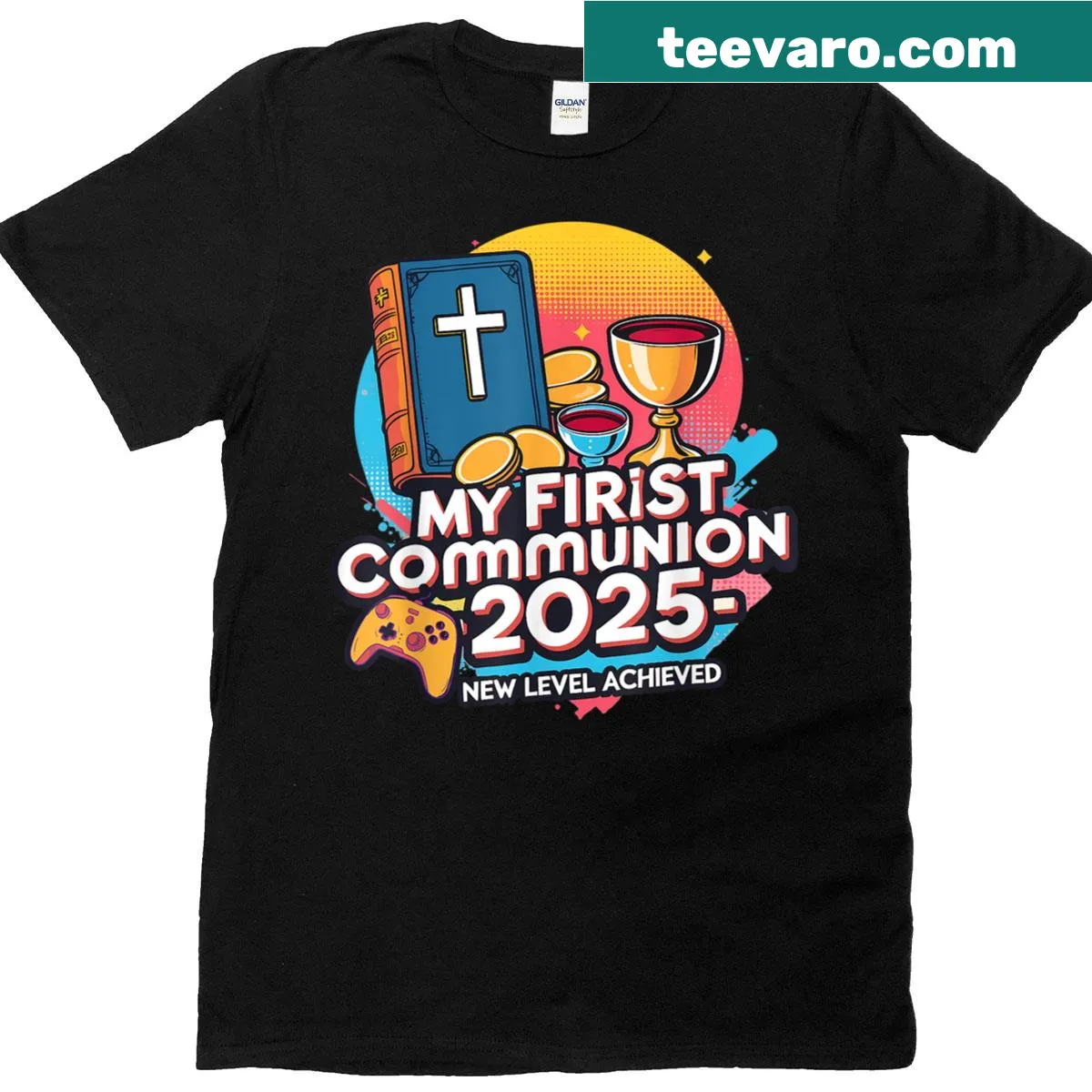 First Communion t-shirt with video game controller design. — on a men's t-shirt