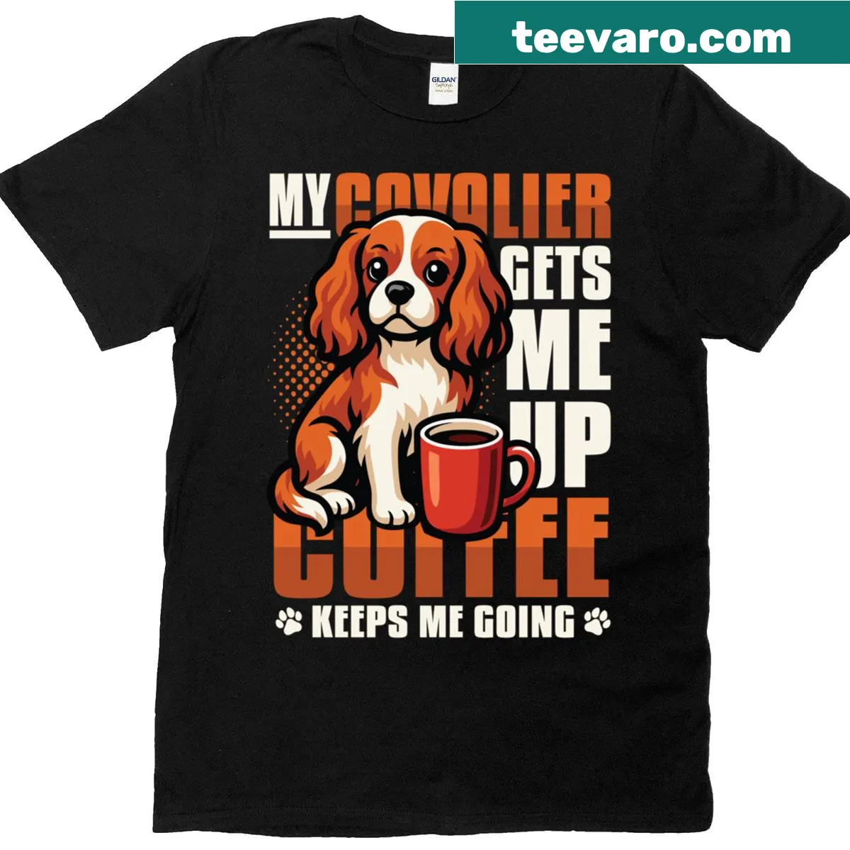 Humorous t-shirt for Cavalier owners with coffee text. — on a men's t-shirt