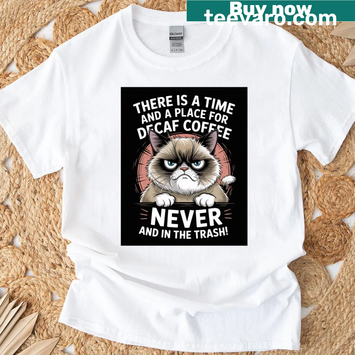 Funny graphic tee stating No Time For Decaf In The Trash — on a men's t-shirt
