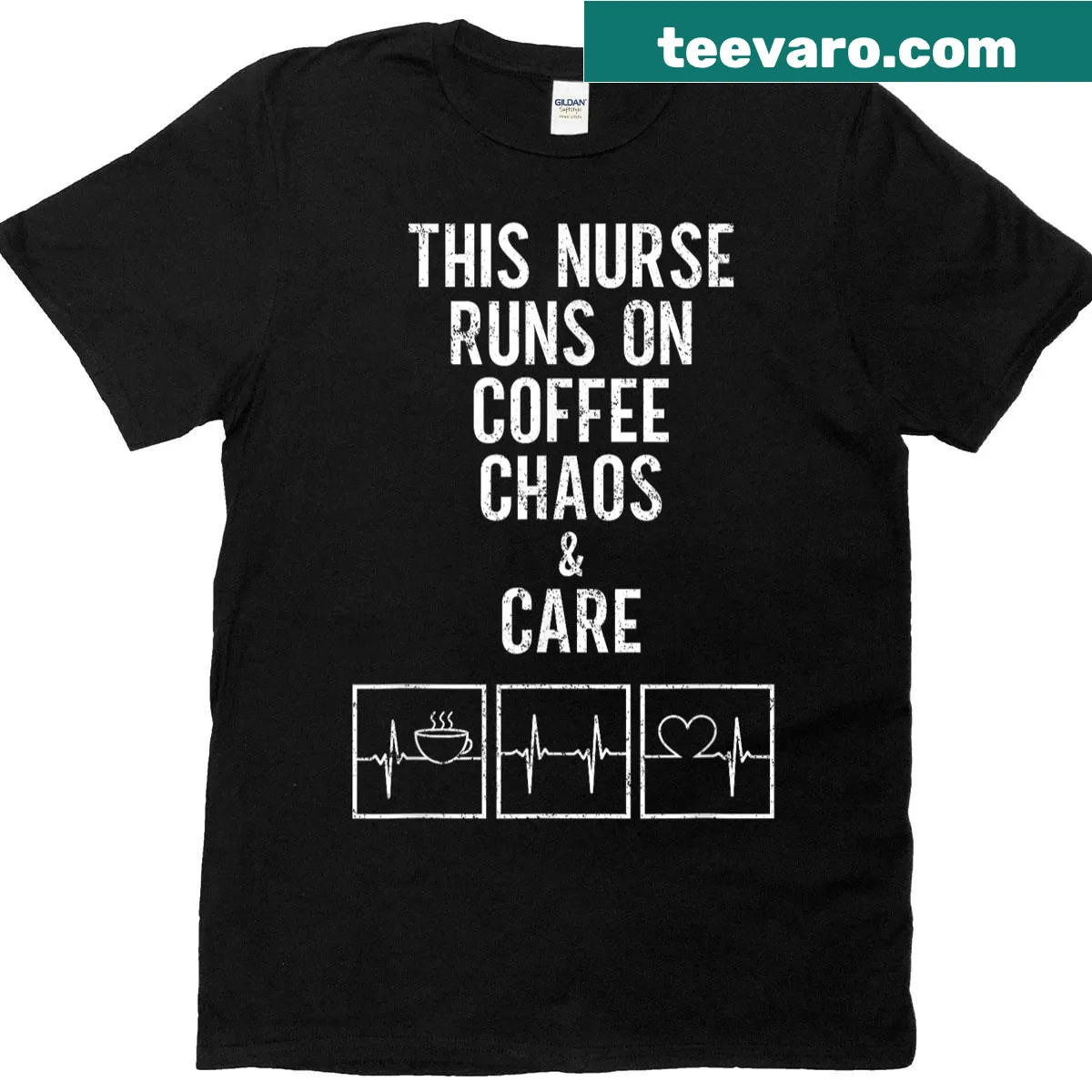 Nurse-themed t-shirt with coffee chaos phrase — on a men's t-shirt