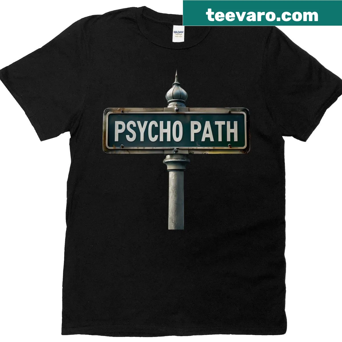 Oversized t-shirt with 'Psycho Path' street sign design — on a men's t-shirt