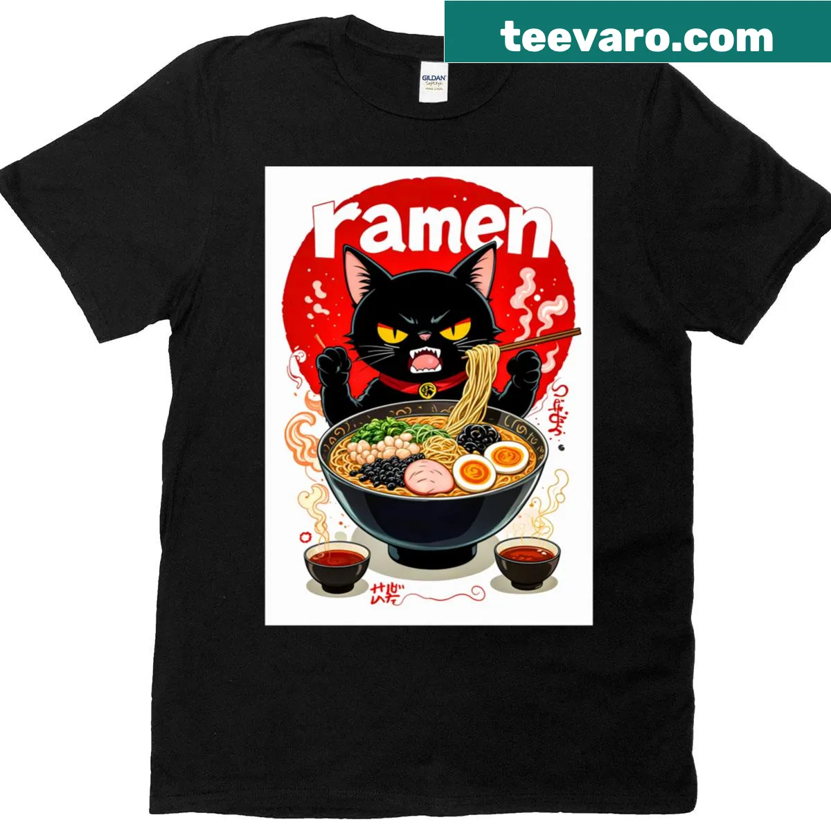 Ramen Fury Noodle Warrior Cat T-shirt with playful design — on a men's t-shirt