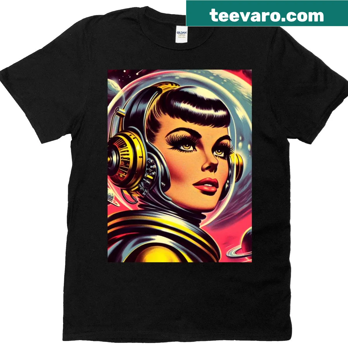 Illustration of a retro astronaut girl in space on a t-shirt — on a men's t-shirt