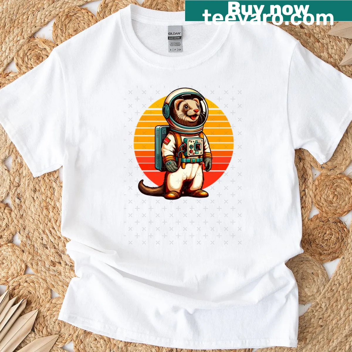 Cartoon ferret astronaut in retro futurism design on t-shirt — on a men's t-shirt