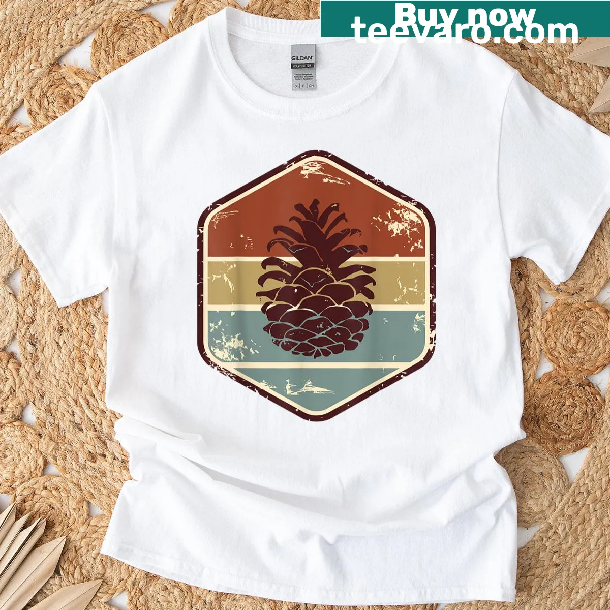 Vintage graphic t-shirt featuring a pine cone illustration — on a men's t-shirt