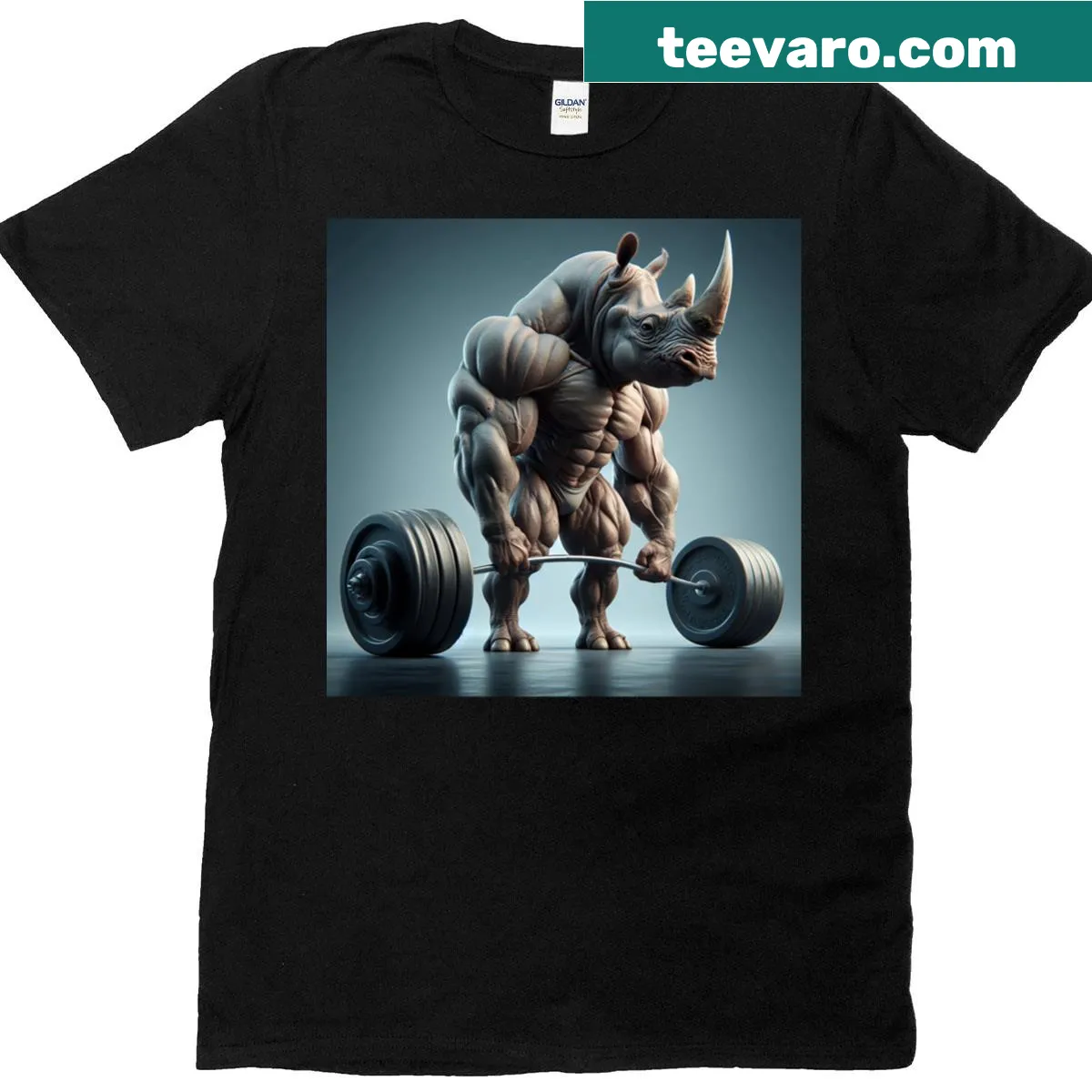 Illustration of a muscular rhino representing strength on a t-shirt — on a men's t-shirt
