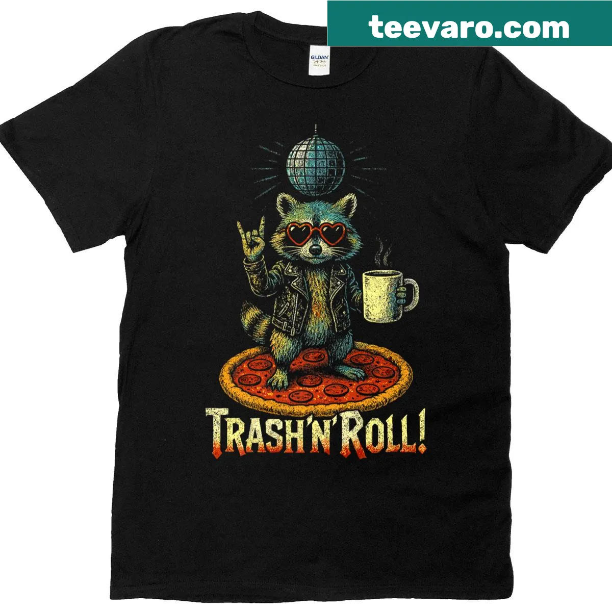 Whimsical raccoon graphic with sunglasses, coffee, pizza, and hearts — on a men's t-shirt