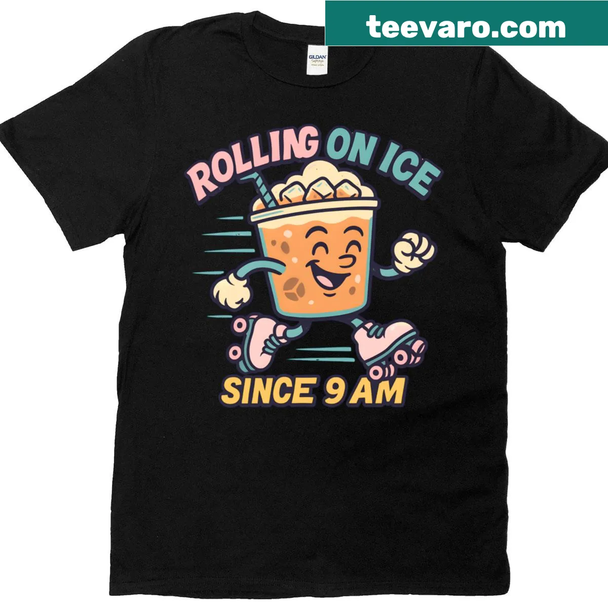Funny t-shirt featuring iced coffee and skating theme — on a men's t-shirt