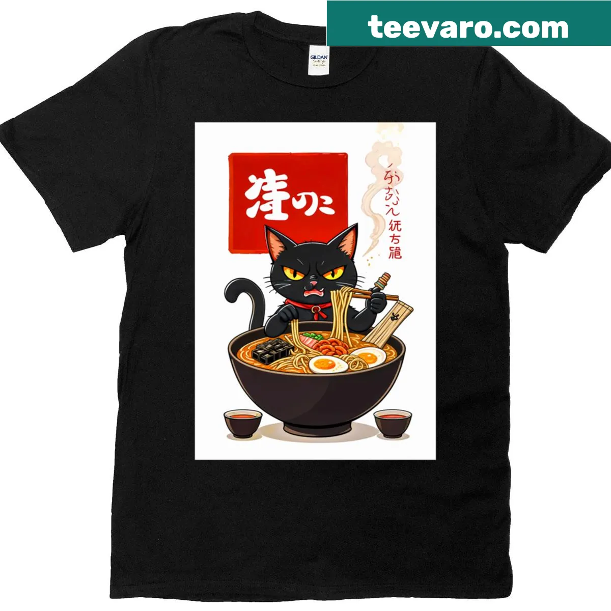 T-shirt featuring a samurai cat enjoying food — on a men's t-shirt