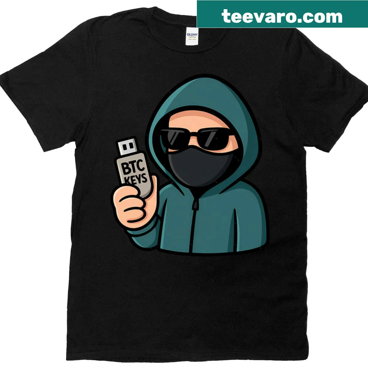 Cartoon t-shirt featuring Satoshi Nakamoto and crypto theme — on a men's t-shirt