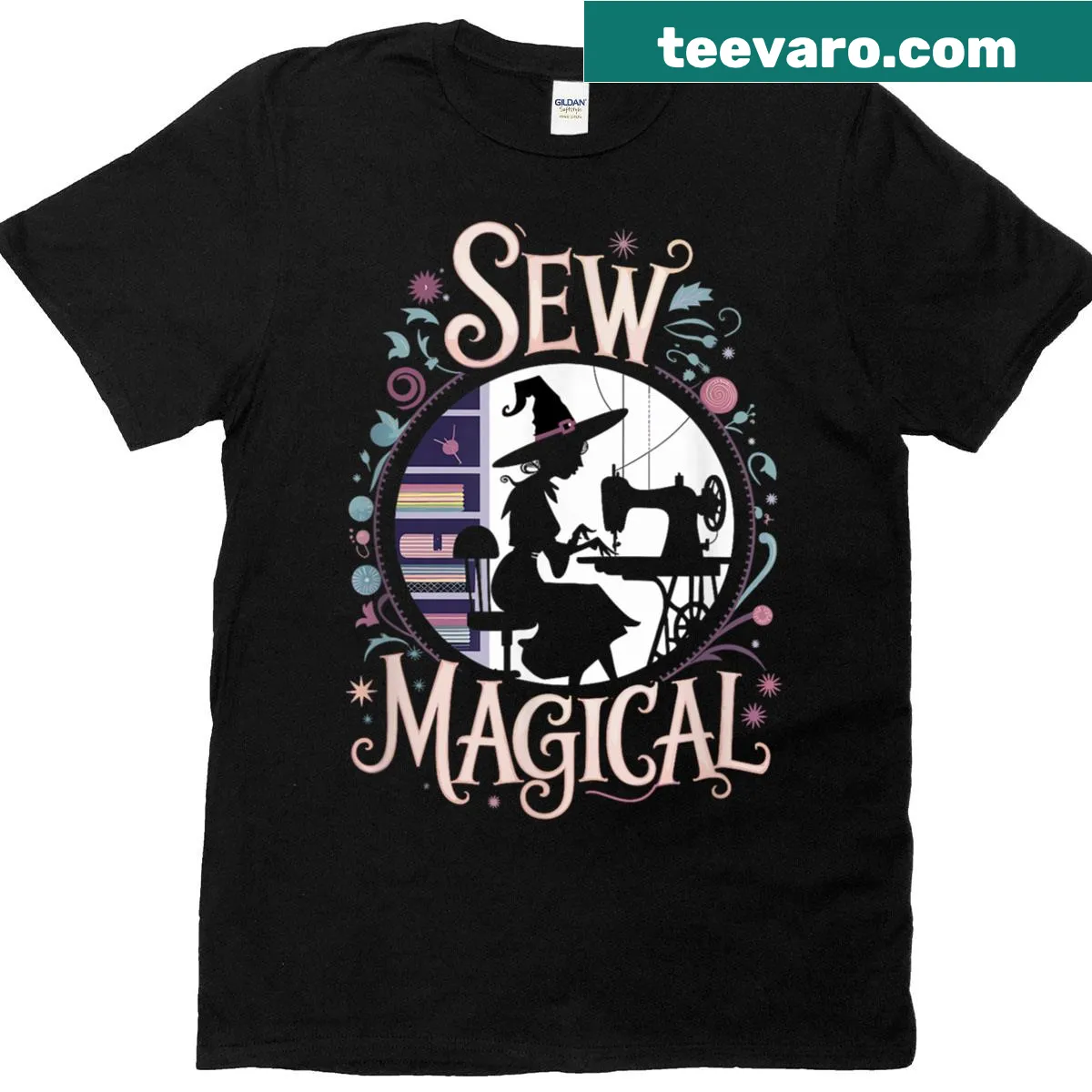 Halloween-themed t-shirt with 'Sew Magical' and sewing illustrations — on a men's t-shirt