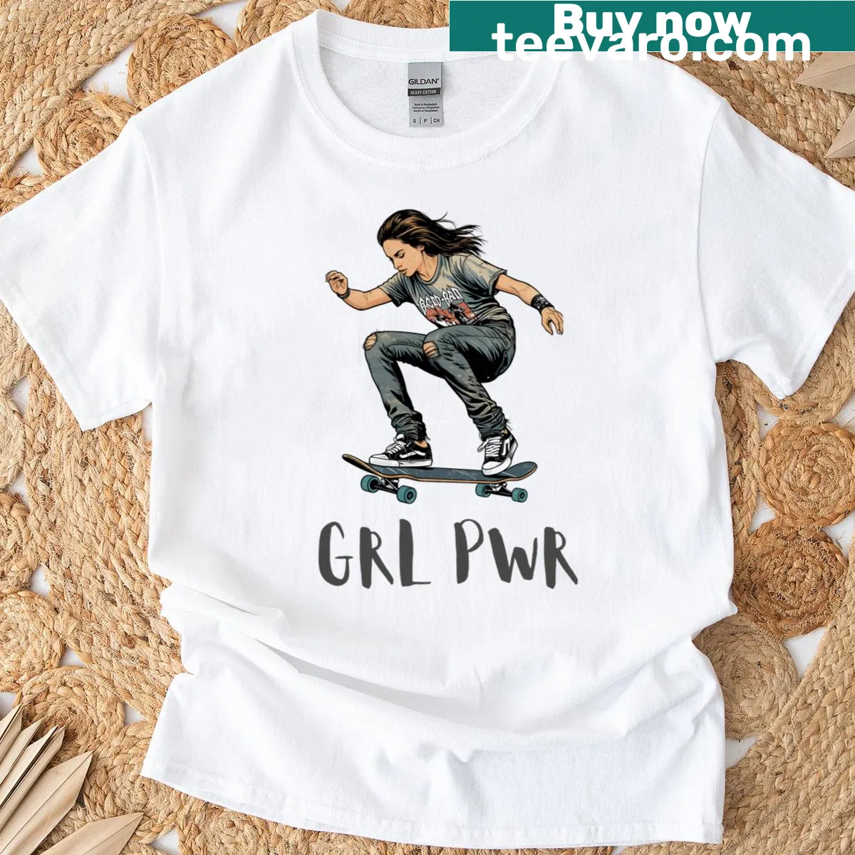 T-shirt featuring a playful skater girl illustration on a skateboard — on a men's t-shirt