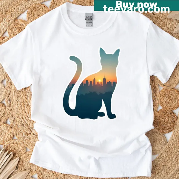 Cat silhouette with city skyline design