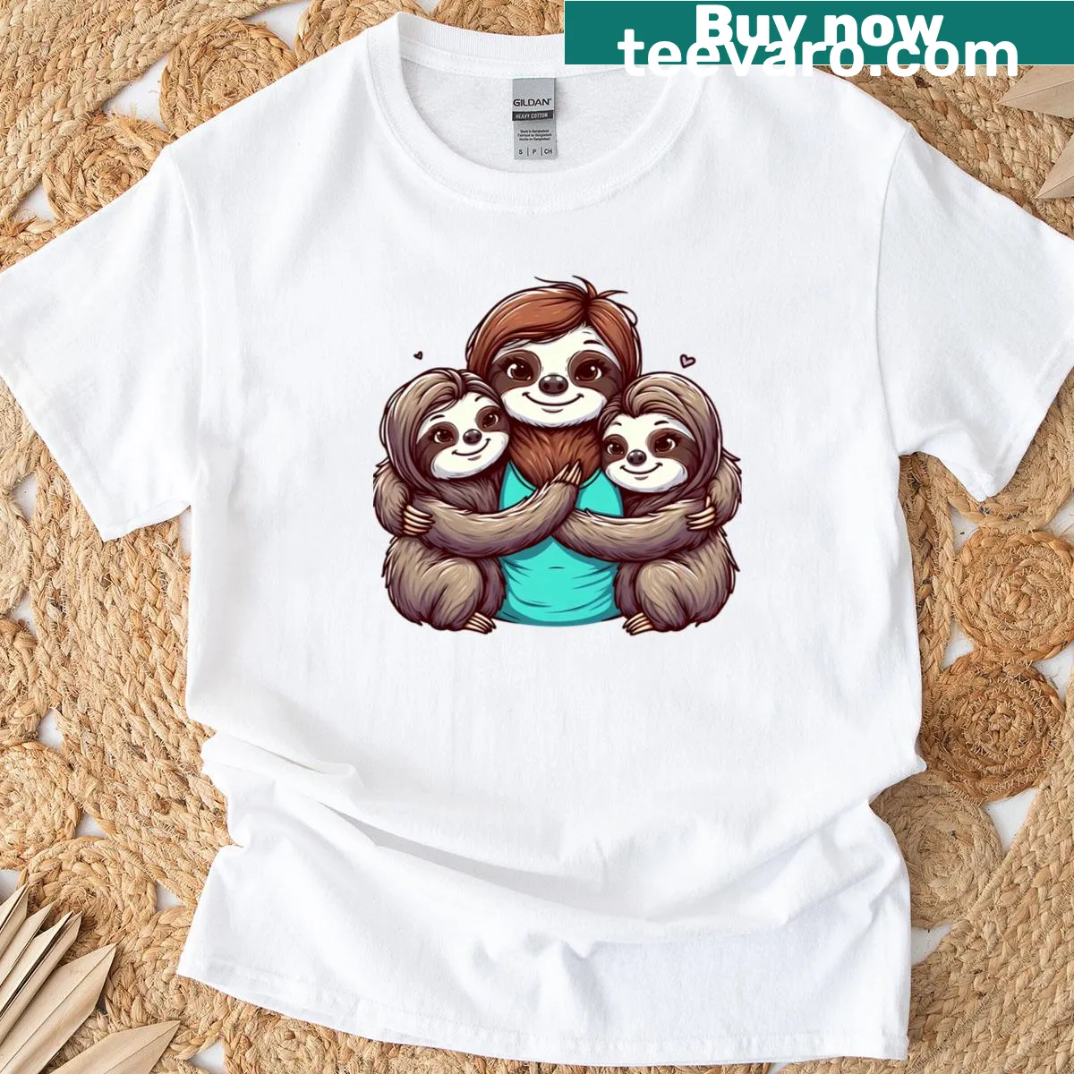 Cute sloth mother and baby design — on a men's t-shirt