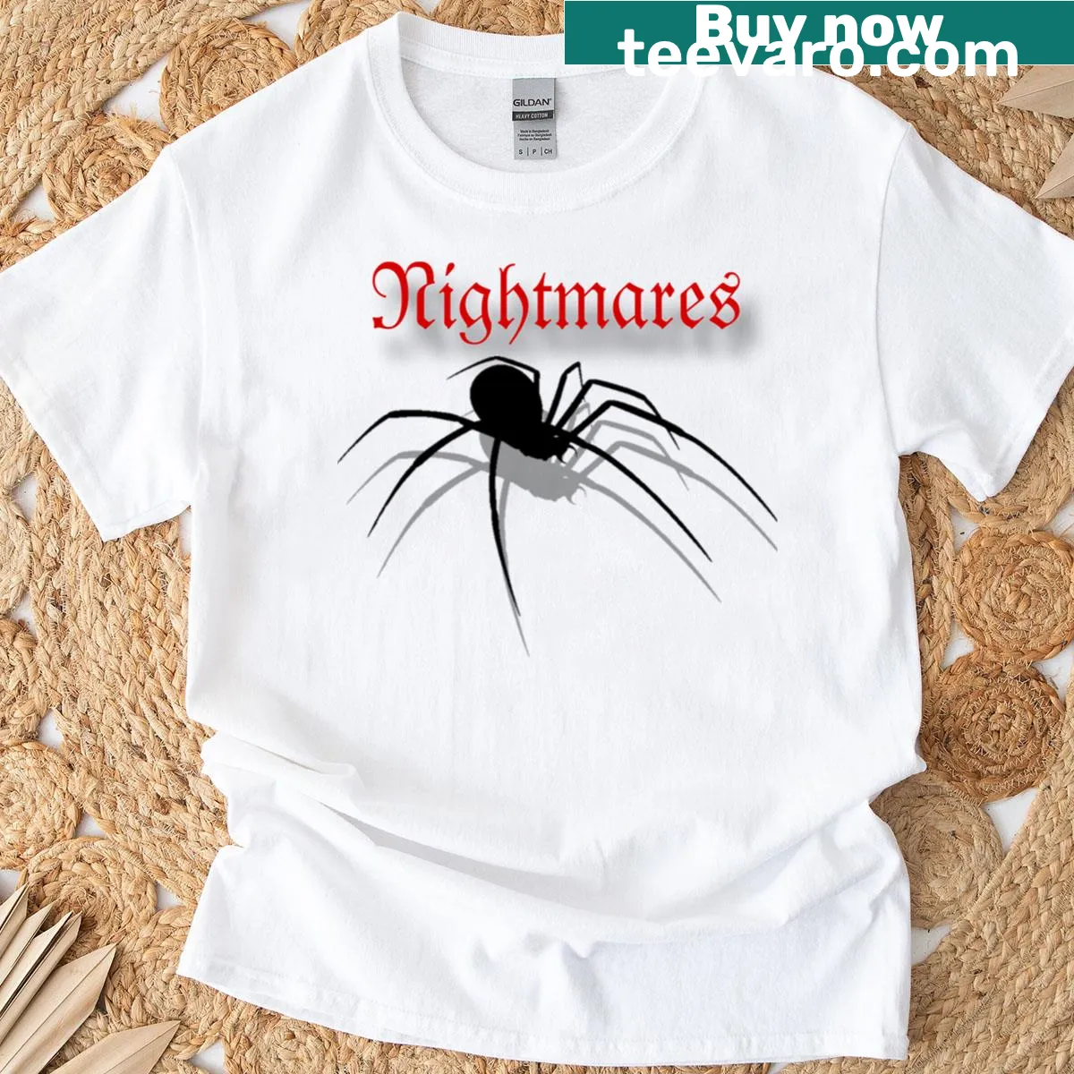 Chilling T-shirt with a spider graphic representing nightmares — on a men's t-shirt