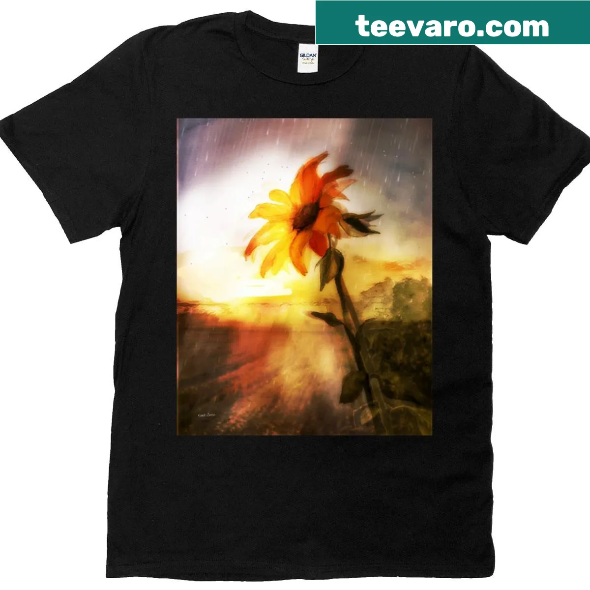 Illustration of raindrops on flowers for Spring Rain T-shirt — on a men's t-shirt