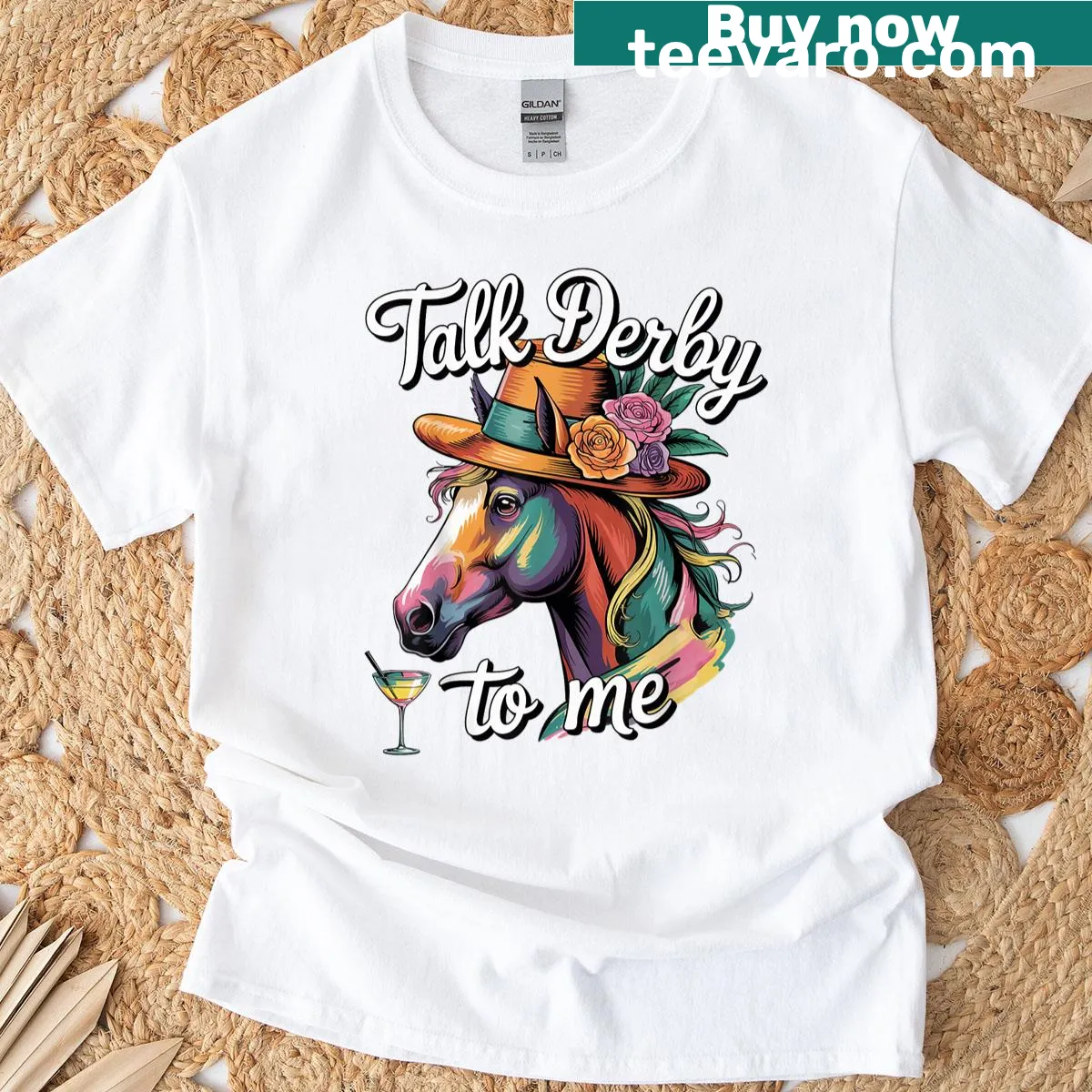 Humorous horse racing T-shirt with 'Talk Derby To Me' text — on a men's t-shirt