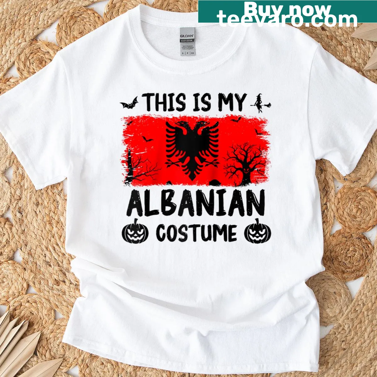Funny Halloween T-shirt with Albanian flag text — on a men's t-shirt