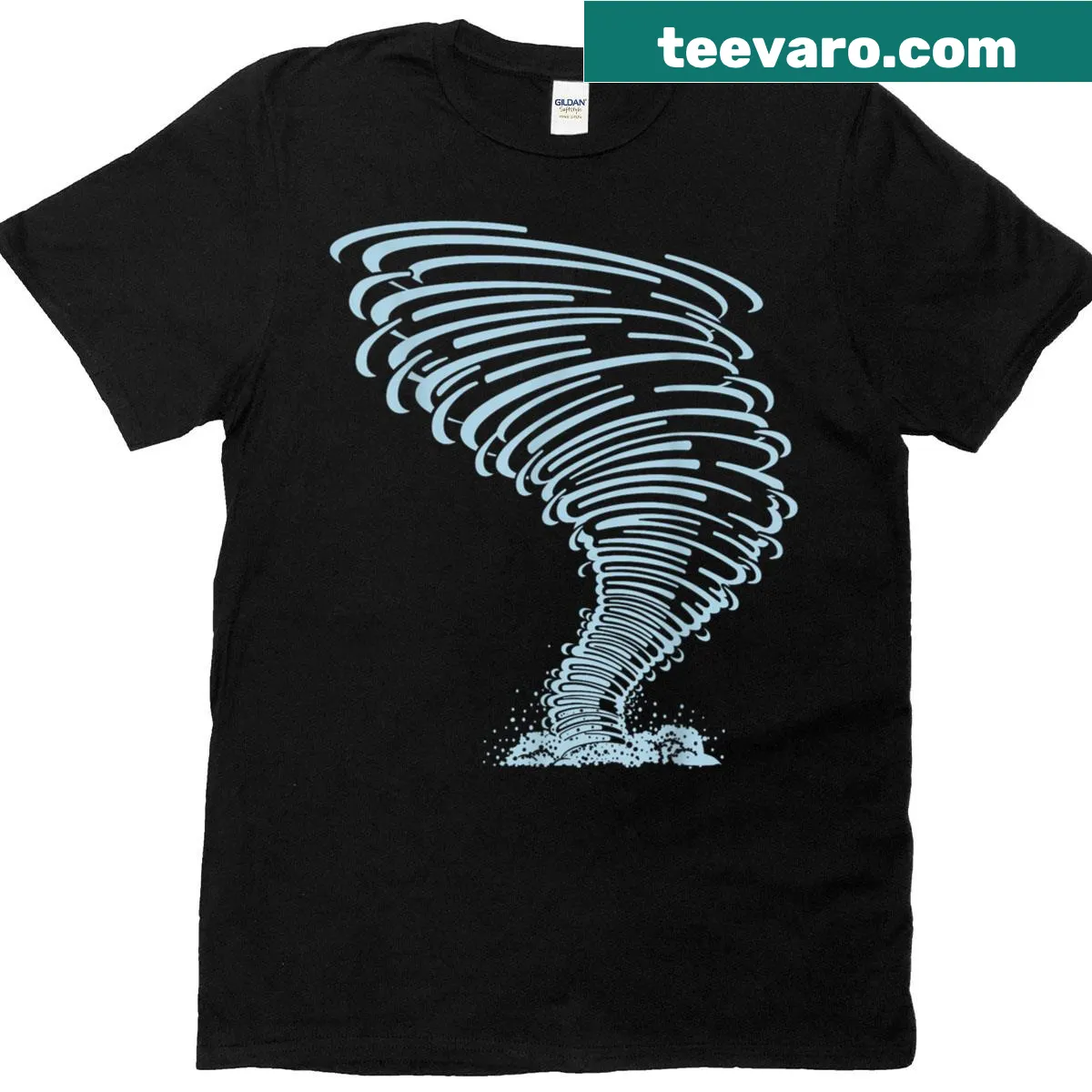 Illustrated T-shirt depicting tornadoes and storm chasers — on a men's t-shirt