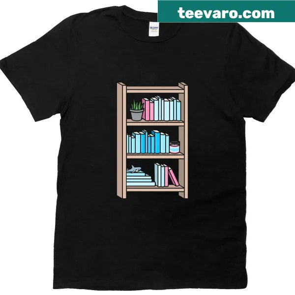 T-shirt celebrating transmasc pride with a bookcase graphic.