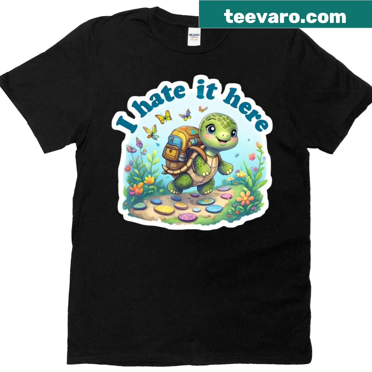 Cartoon turtle design featured on an oversized t-shirt — on a men's t-shirt