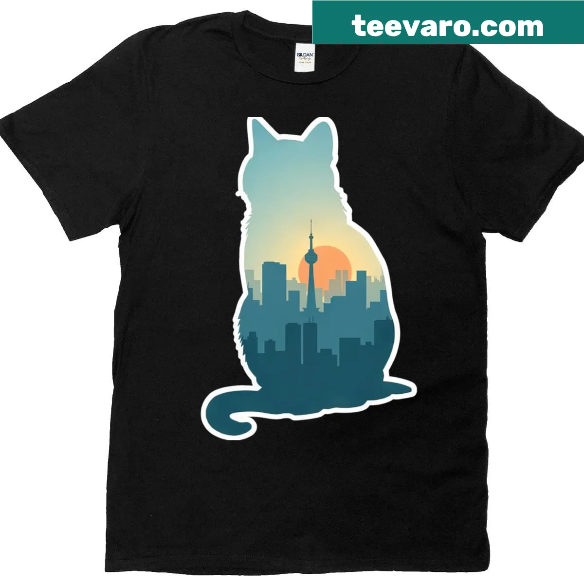 Silhouette art of a cat against a sunset skyline on a t-shirt — on a men's t-shirt