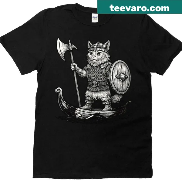 Oversized T-shirt with a Viking cat graphic wearing a horned helmet