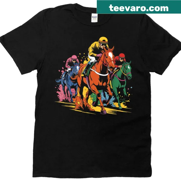 T-shirt featuring a vintage-style horse racing painting