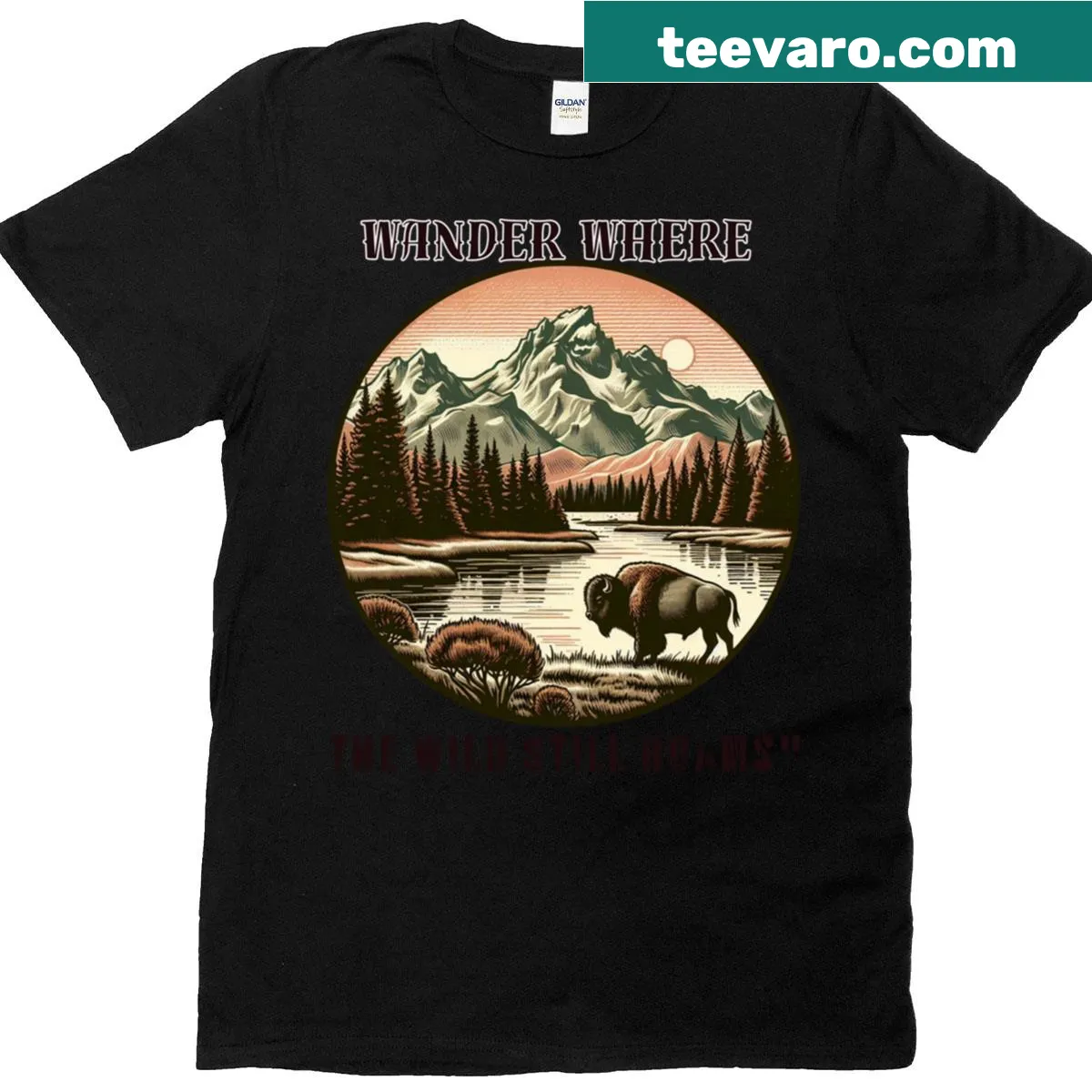Retro bison art on an oversized T-shirt encouraging wanderlust — on a men's t-shirt