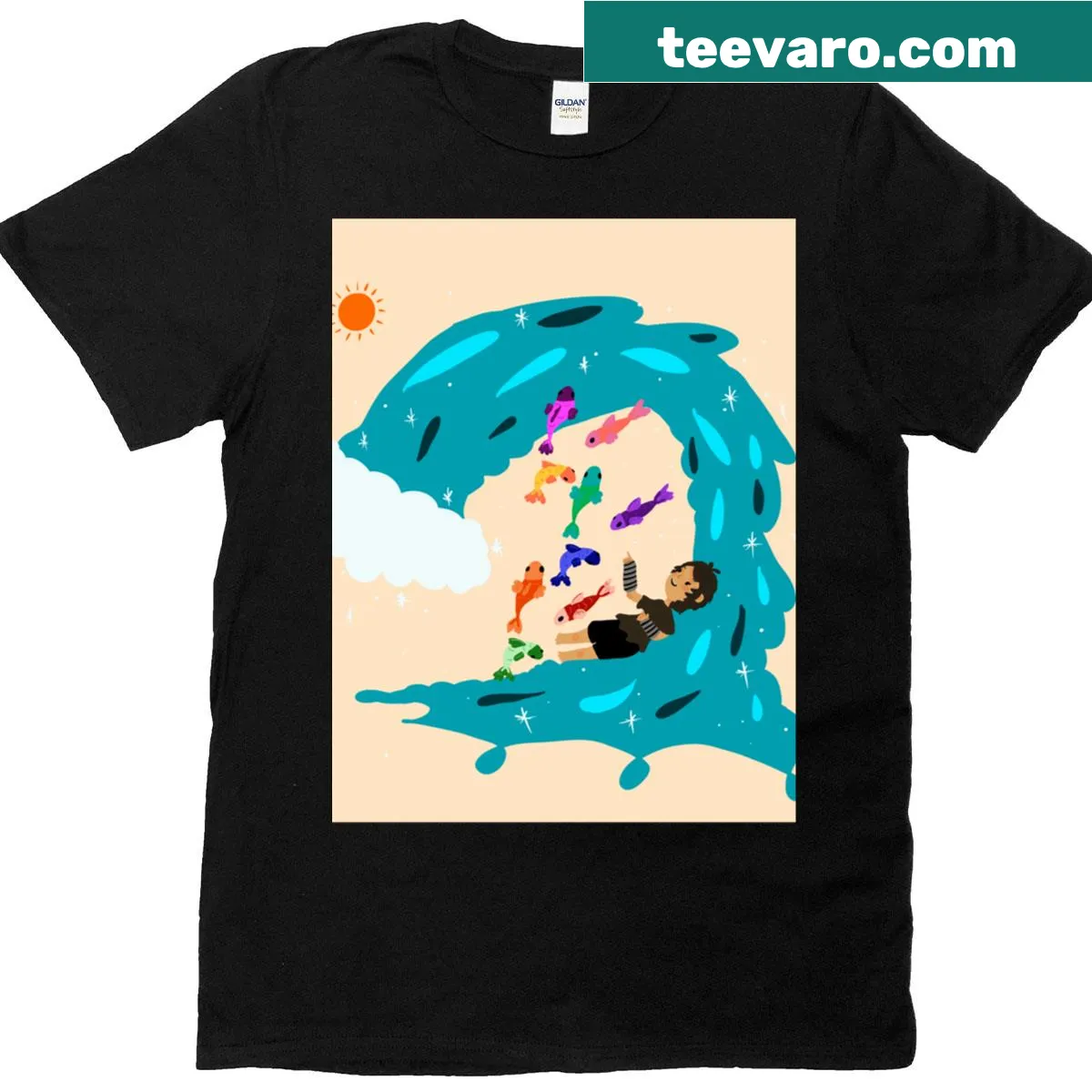 Artistic T-shirt featuring waves and fish for ocean lovers — on a men's t-shirt