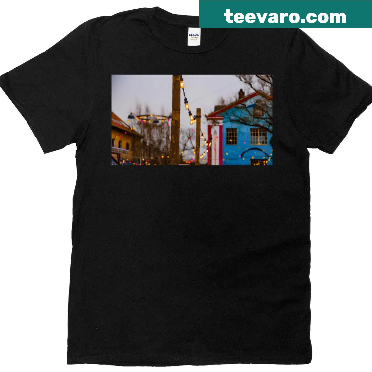 Oversized t-shirt featuring a whimsical urban street scene — on a men's t-shirt