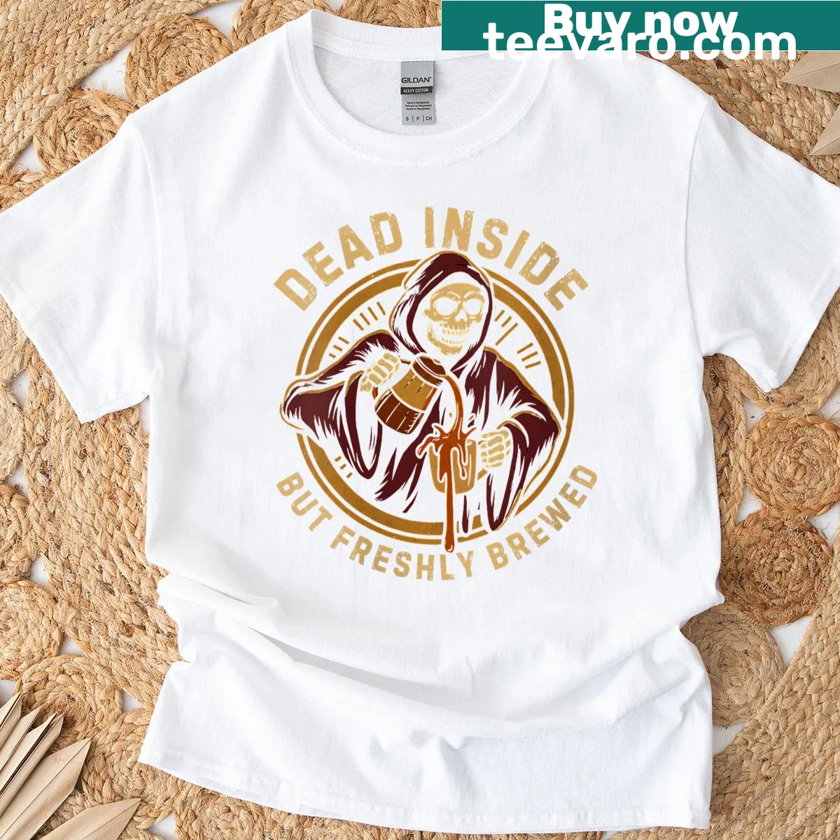 Grunge-style T-shirt featuring a skeleton with coffee and edgy text design. — on a men's t-shirt