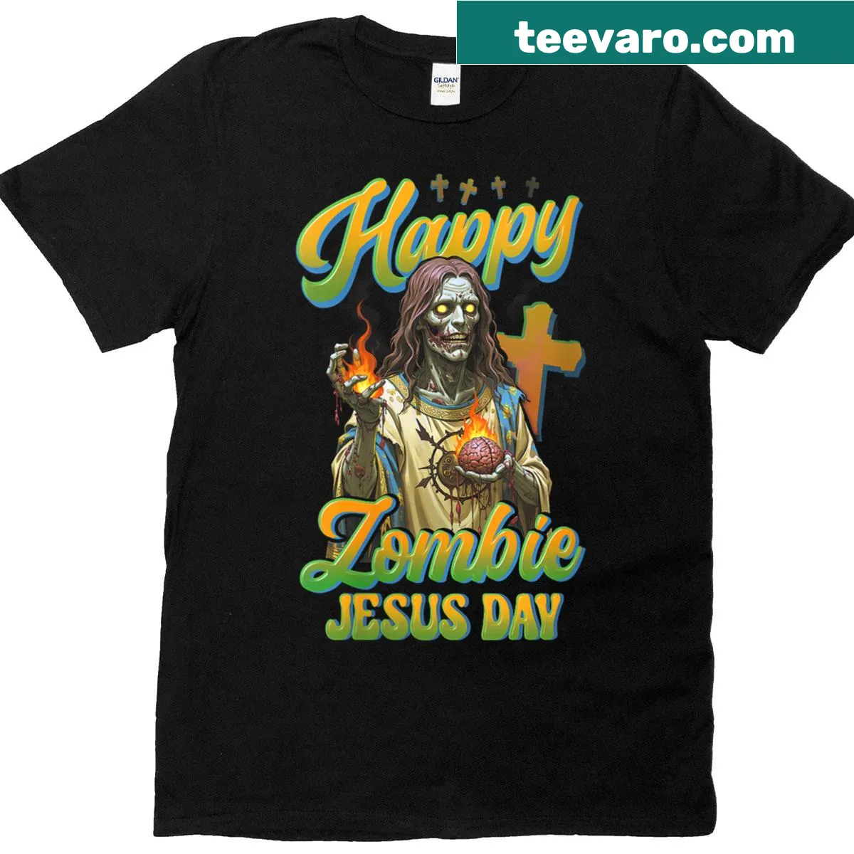 Whimsical T-shirt featuring a cheerful zombie and faith symbols for Easter. — on a men's t-shirt