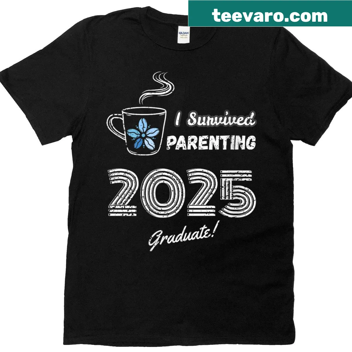 Funny graduation T-shirt with a retro coffee cup and the text 'I Survived Parenting.' — on a men's t-shirt